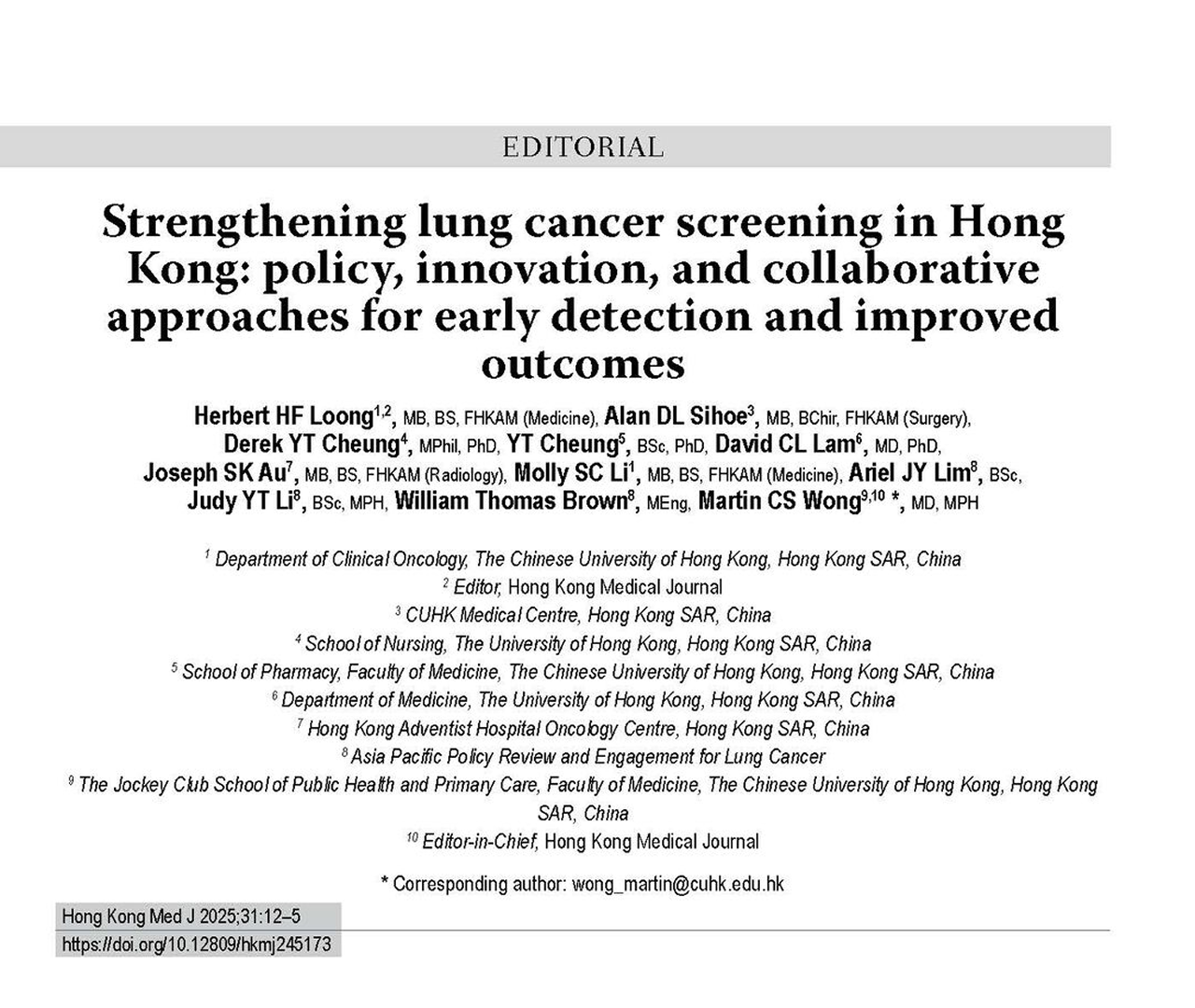 Publication of the Strengthening Lung Cancer Screening in Hong Kong Editorial